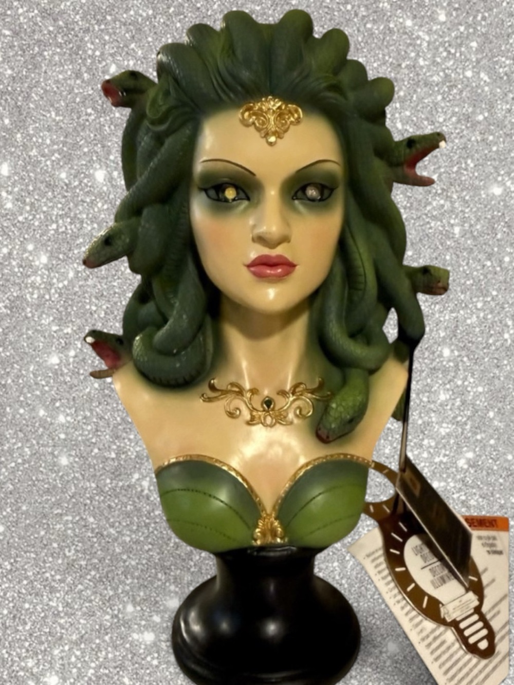 NEW Spooky Nights Light-Up Green Gold Medusa Bust 13" Halloween Fall Decor Snake